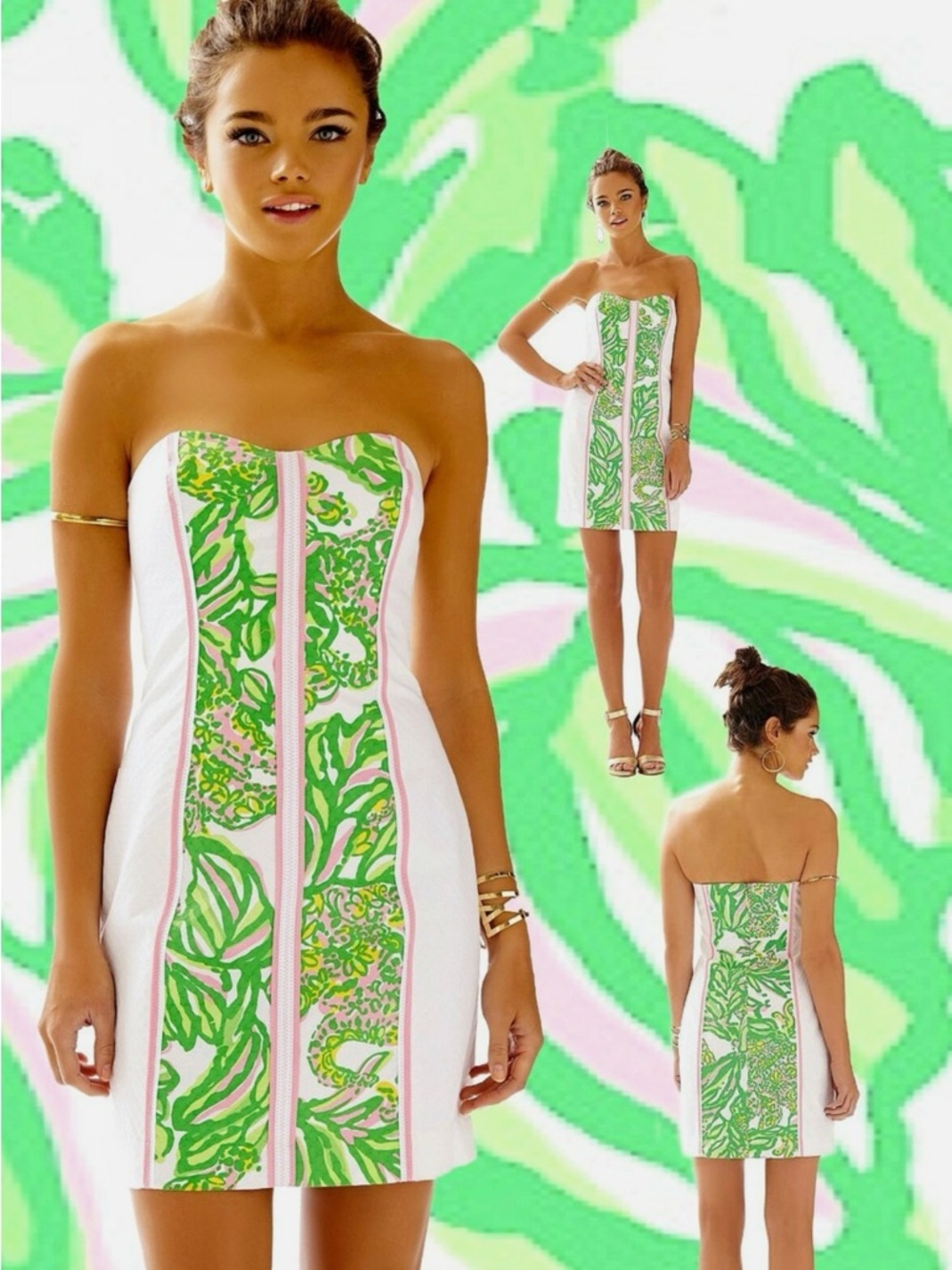 Lilly Pulitzer Strapless White Dress with Green and Pink Print Panel